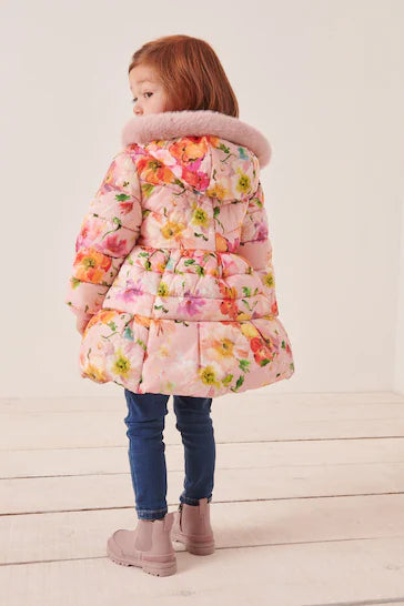 |Girl| Casaco Acolchoado Com Saia Estampada Floral Rosa Resistente Ao Chuveiro (12 meses a 7 anos)