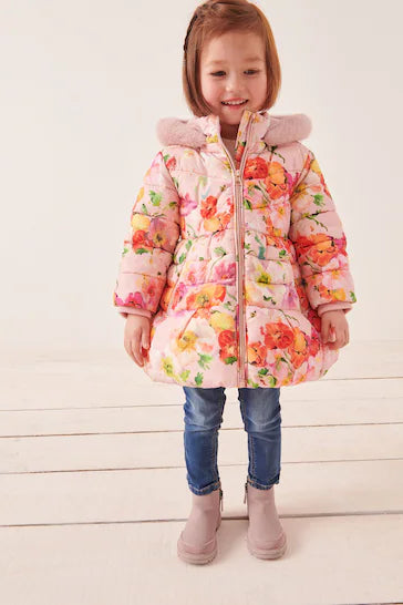 |Girl| Casaco Acolchoado Com Saia Estampada Floral Rosa Resistente Ao Chuveiro (12 meses a 7 anos)