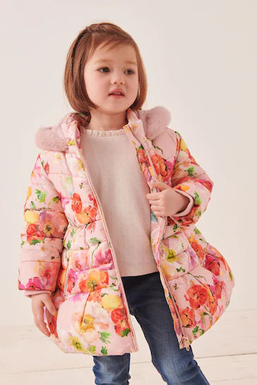 |Girl| Casaco Acolchoado Com Saia Estampada Floral Rosa Resistente Ao Chuveiro (12 meses a 7 anos)