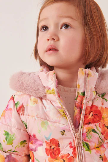 |Girl| Casaco Acolchoado Com Saia Estampada Floral Rosa Resistente Ao Chuveiro (12 meses a 7 anos)