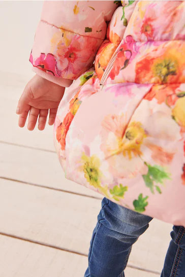 |Girl| Casaco Acolchoado Com Saia Estampada Floral Rosa Resistente Ao Chuveiro (12 meses a 7 anos)