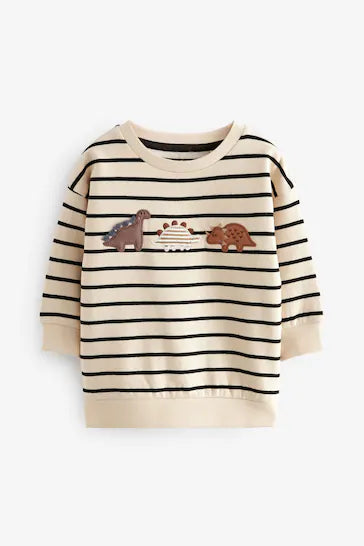 |Niño| Sudadera De Cuello Redondo Bordada De Dinosaurio Con Rayas Crema Crema (3 meses a 7 años)