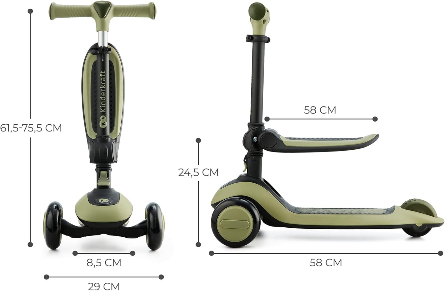 Kinderkraft Scooter Halley 2 em 1 para crianças de 1+ anos até 50 kg, scooter de 3 rodas, bicicleta de equilíbrio, fácil de dobrar, 2 rodas dianteiras piscantes, guidão ajustável, fácil de manusear, pesa apenas 3 kg, verde