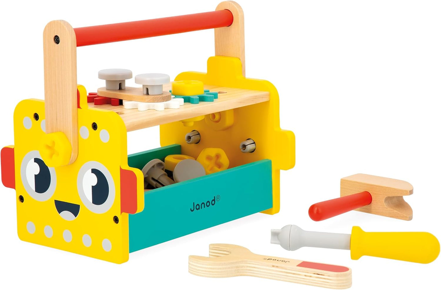 Janod Brico'Kids Robot Toolbox - Juego de bricolaje para niños - 25 accesorios + 3 herramientas - Juguete de simulación - Desarrolla la motricidad fina - 36 meses +, J06455, Multicolor