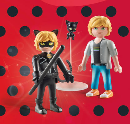 Playmobil 71337 Miraculous: Adrien & Cat Noir, incluindo Kwami Plagg e diversos acessórios, aventura com Ladybug, dramatização divertida e imaginativa, conjuntos de jogos detalhados adequados para crianças de 4 anos ou mais