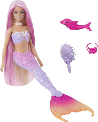 Barbie  Mermaid Doll, “Malibu” with Pink Hair, Styling Accessories, Pet Dolphin and Water-Activated Color Change Feature, HRP97