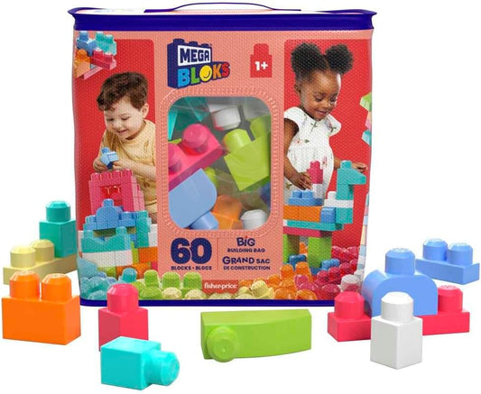 MEGA Conjunto de construção grande BLOKS Big Building Bag com 60 blocos de construção grandes e coloridos e 1 saco de armazenamento, conjunto de brinquedo para presente para maiores de 1 ano, DCH54