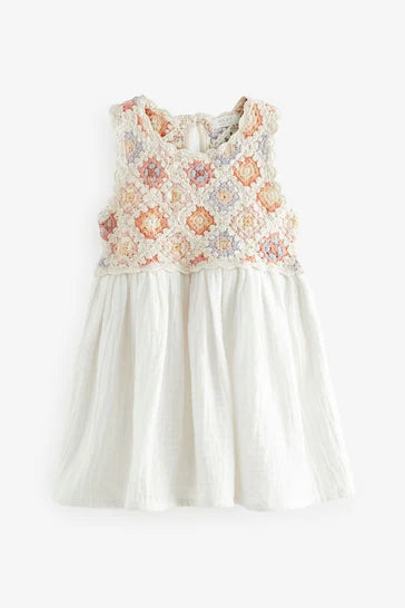 |Girl| Vestido Quadrado De Crochê Ecru Marl (3 meses a 7 anos)