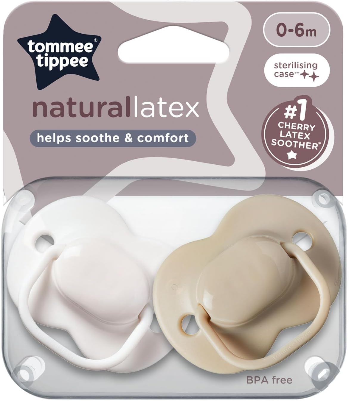 Tommee Tippee Chupetas de látex Cherry, 0-6 meses, pacote de 2 chupetas com baglet de látex 100% natural