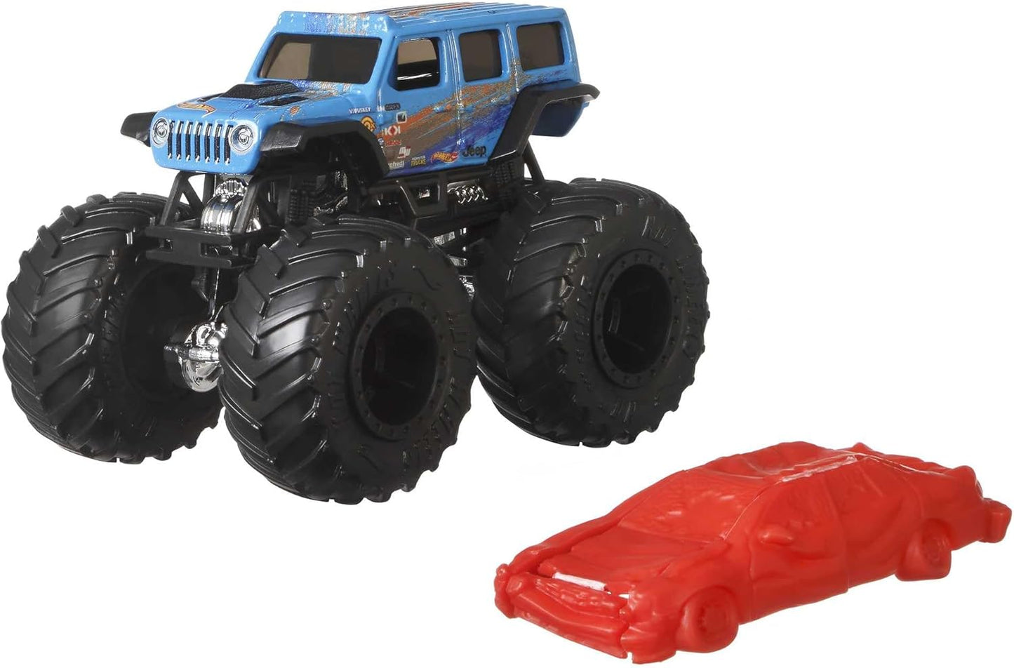 Hot Wheels Monster Trucks, caminhão de brinquedo fundido em escala 1:64 e 1 carro esmagável, rodas gigantes e decoração estilizada, FYJ44