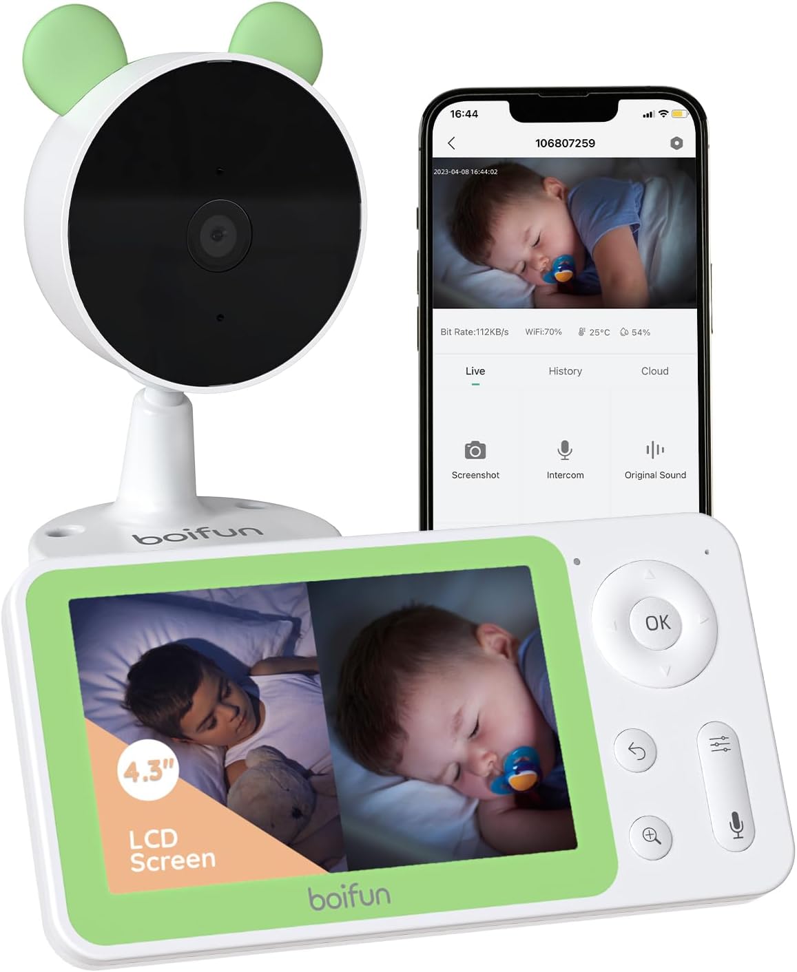 BOIFUN Monitor de vídeo para bebês com câmera 1080P, controle de aplicativo de smartphone WiFi, detecção de movimento e som, visão noturna, área de alarme, áudio bidirecional, sensor de temperatura e umidade, 4XZoom, compatível com iOS/Android