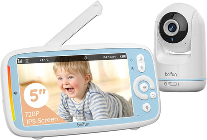 BOIFUN Monitor de vídeo para bebês, tela colorida IPS 720P de 5 polegadas, câmera 360, modo ECO, bateria de 3050mAh, sem Wi-Fi, visão noturna, áudio bidirecional, lembrete de alimentação, sensor de temperatura, canções de ninar, idosos,