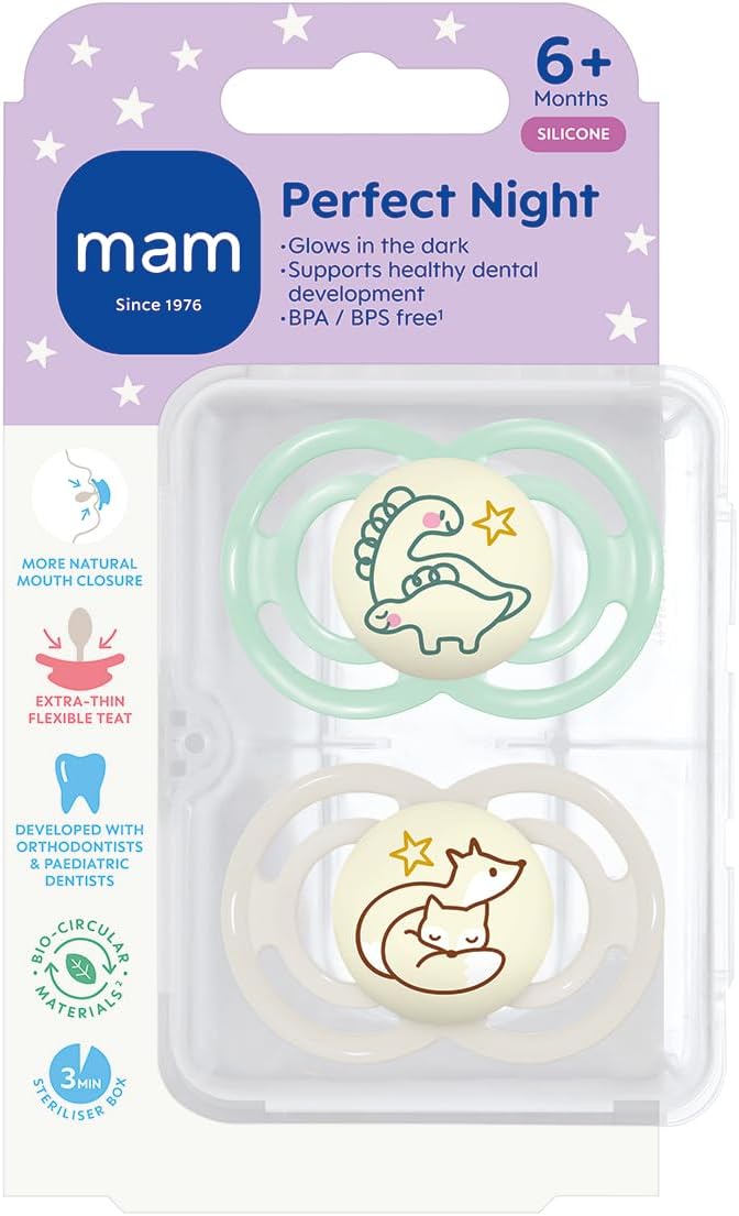 MAM Perfect Night Soothers 6+ Months (Pack of 2), Thinner and Softer Baby Soothers with Self Sterilising Travel Case, Newborn Essentials, White/Grey (Designs May Vary)