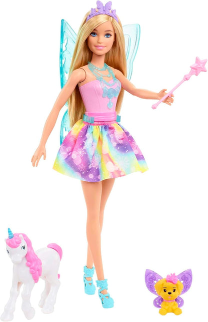 Barbie Boneca Dreamtopia e calendário do advento com 24 surpresas como acessórios de contos de fadas, roupas de sereia e fada e animais de estimação unicórnio e dragão, HVK26