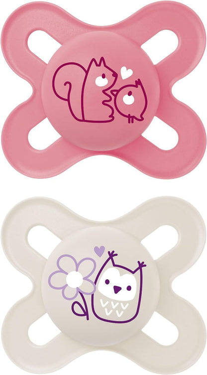 MAM Chupetas Original Start 0-2 meses (pacote com 2), chupetas para bebês com estojo de viagem autoesterilizante, itens essenciais para recém-nascidos, rosa/branco (os designs podem variar)