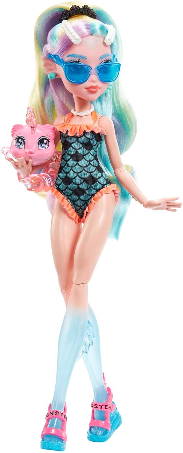 Monster High Boneca, Lagoona Azul com Acessórios e Piranha de Estimação, Boneca Fashion Posable com Cabelos Listrados Coloridos, HHK55