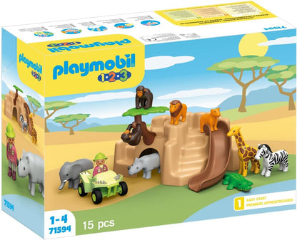 Playmobil 71594 1.2.3: Aventura na vida selvagem, com vários animais, quadriciclo e escorregador, brinquedo educativo para crianças pequenas descobrirem funções básicas, conjunto adequado para crianças a partir de 12 meses