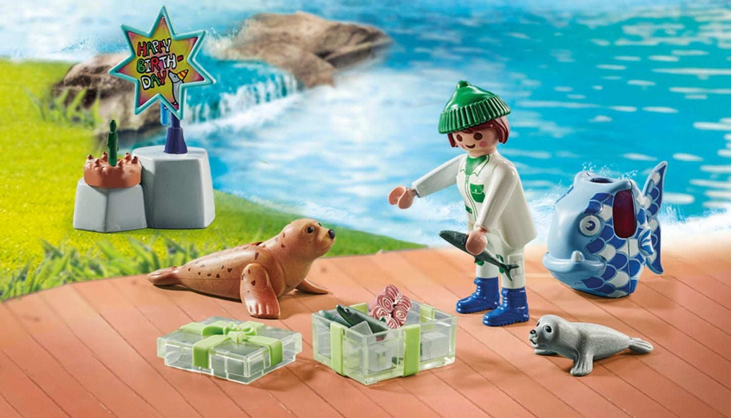 Playmobil 71448 Minha Vida: Guardião com Animais, festa de aniversário com duas focas e uma foca bebê, encenação divertida e imaginativa, conjuntos de jogos artísticos adequados para crianças a partir de 4 anos