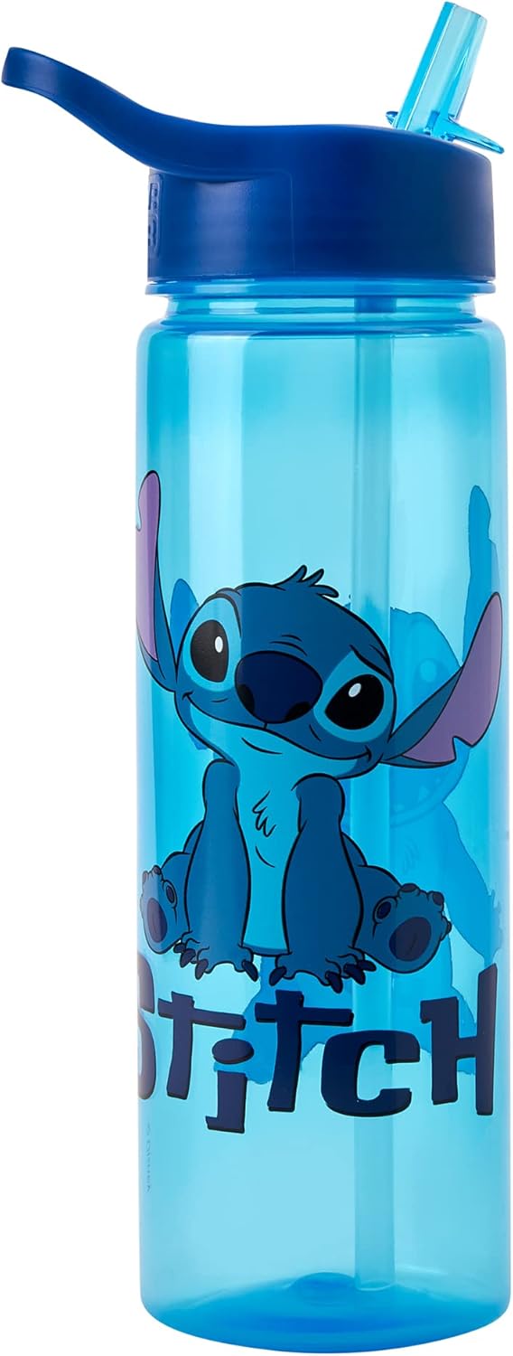 Botella de agua Disney Stitch con pajita abatible de 600 ml - Productos oficiales Polar Gear - Reutilizable para niños, antiderrames, sin BPA, plástico reciclable, ideal para la escuela, guardería, deportes, picnic, azul