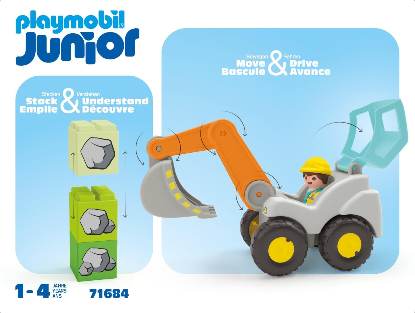 PLAYMOBIL 71684 JUNIOR: Escavadeira com pá, incluindo teto de cabine dobrável e pedras empilháveis, brinquedo sustentável feito de plástico à base de plantas, brinquedo para presente,