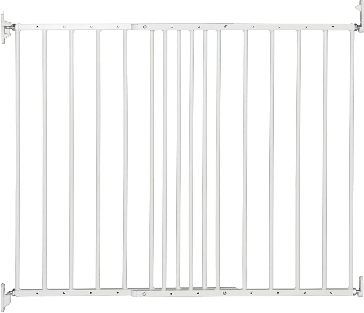 BabyDan Portão de segurança extensível de metal Multidan, branco - serve para aberturas de 62,5 cm a 106,8 cm - encaixe por parafuso e portão de pressão Munchkin Lindam Sure Shut Axis também adequado como portão para cães