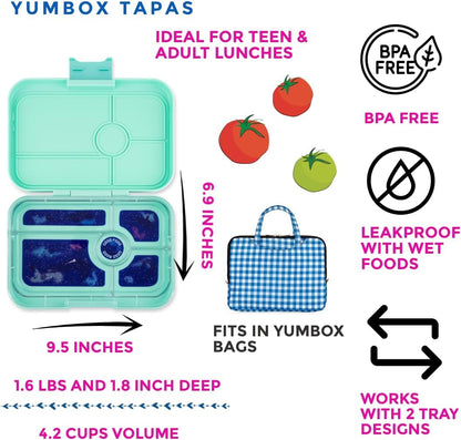 Yumbox  Tapas tamanho maior - lancheira Bento à prova de vazamentos com 5 compartimentos para pré-adolescentes, adolescentes e adultos (Bali Aqua com bandeja Aqua transparente) (BAIII202303A)