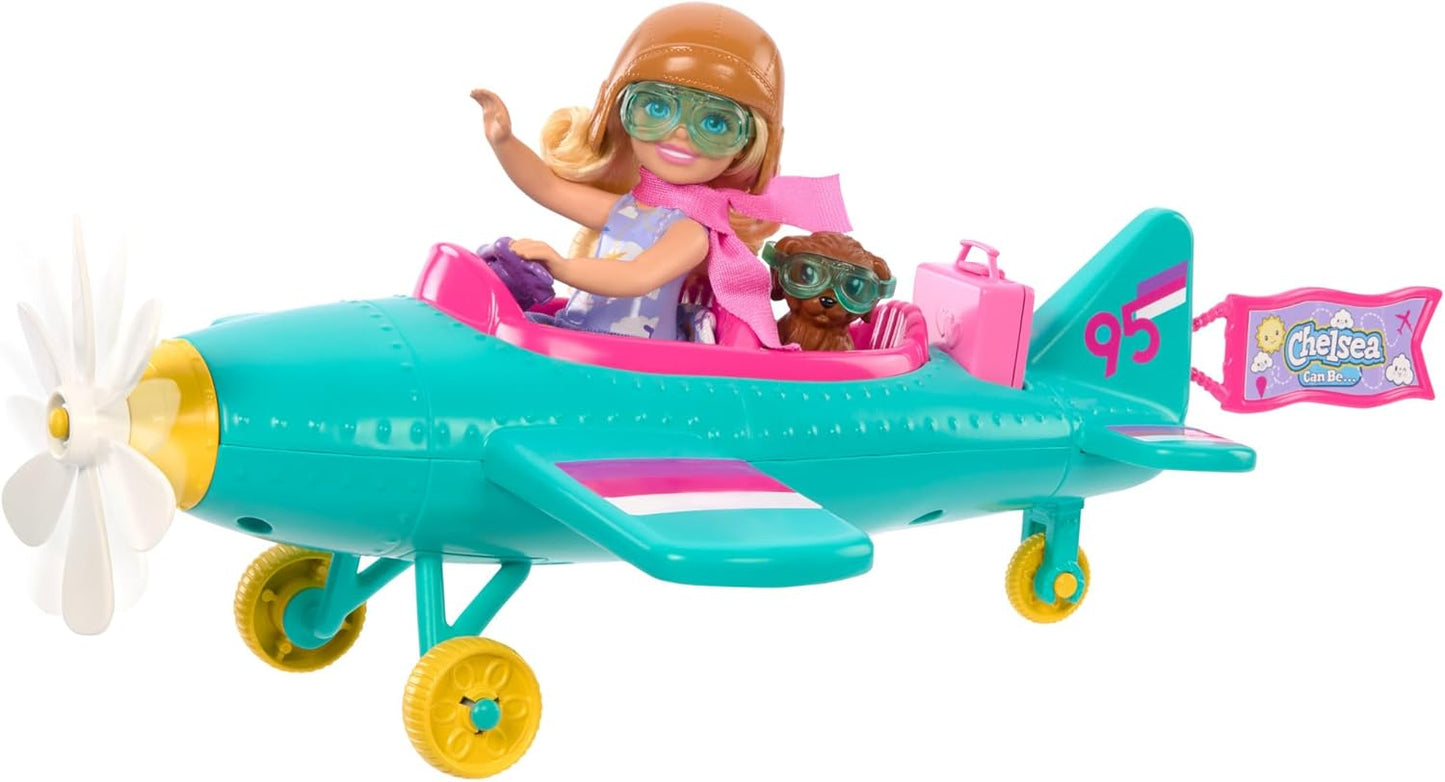 Barbie Chelsea Can Be… Conjunto de boneca e avião, aeronave de 2 lugares com hélice giratória Daisy e 7 acessórios, incluindo cachorrinho e adesivos, HTK38