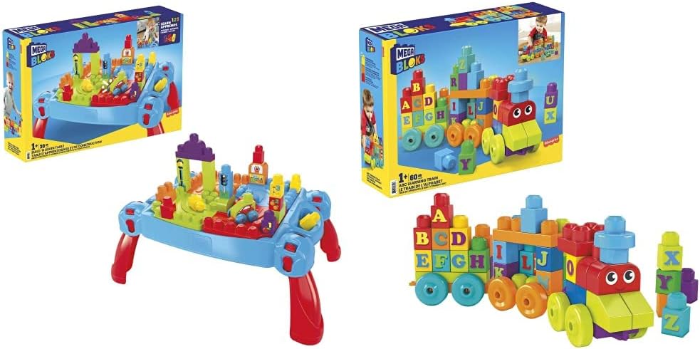 Mega BLOKS Build 'n Learn Conjunto de construção de brinquedo de mesa com 30 blocos de construção grandes e 1 veículo móvel BLOKS Fisher Price Building Toy ABC Blocks, ABC Learning Train Brinquedo de aprendizagem para crianças de 1 a 3 anos