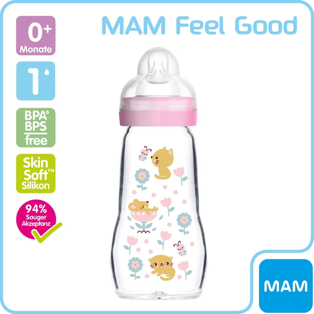 MAM Feel Good Biberones de Vidrio Pack de 2 (170 ml y 260 ml), con 1 Tetina de Flujo Lento para Recién Nacido, Rosa