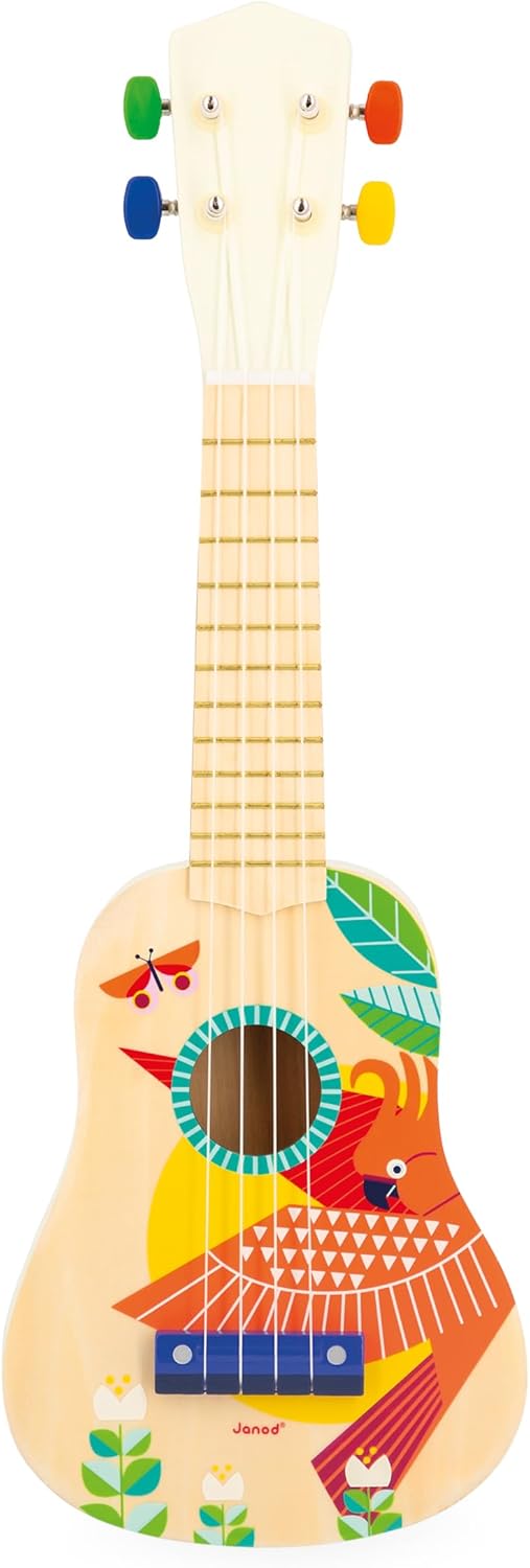 Janod - Ukelele de madera Gioia - Instrumento musical infantil - Juguete despertador musical - Pintura a base de agua - 3 años +,