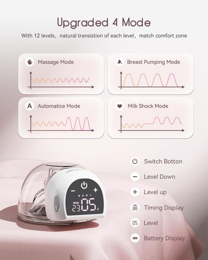 Extractor de leche eléctrico, extractores de leche, manos libres, portátil, 12 niveles, 4 modos con pantalla LED, extractor de leche inalámbrico recargable de bajo ruido eléctrico/bridas de 21 y 24 mm (paquete de 2 rosas)