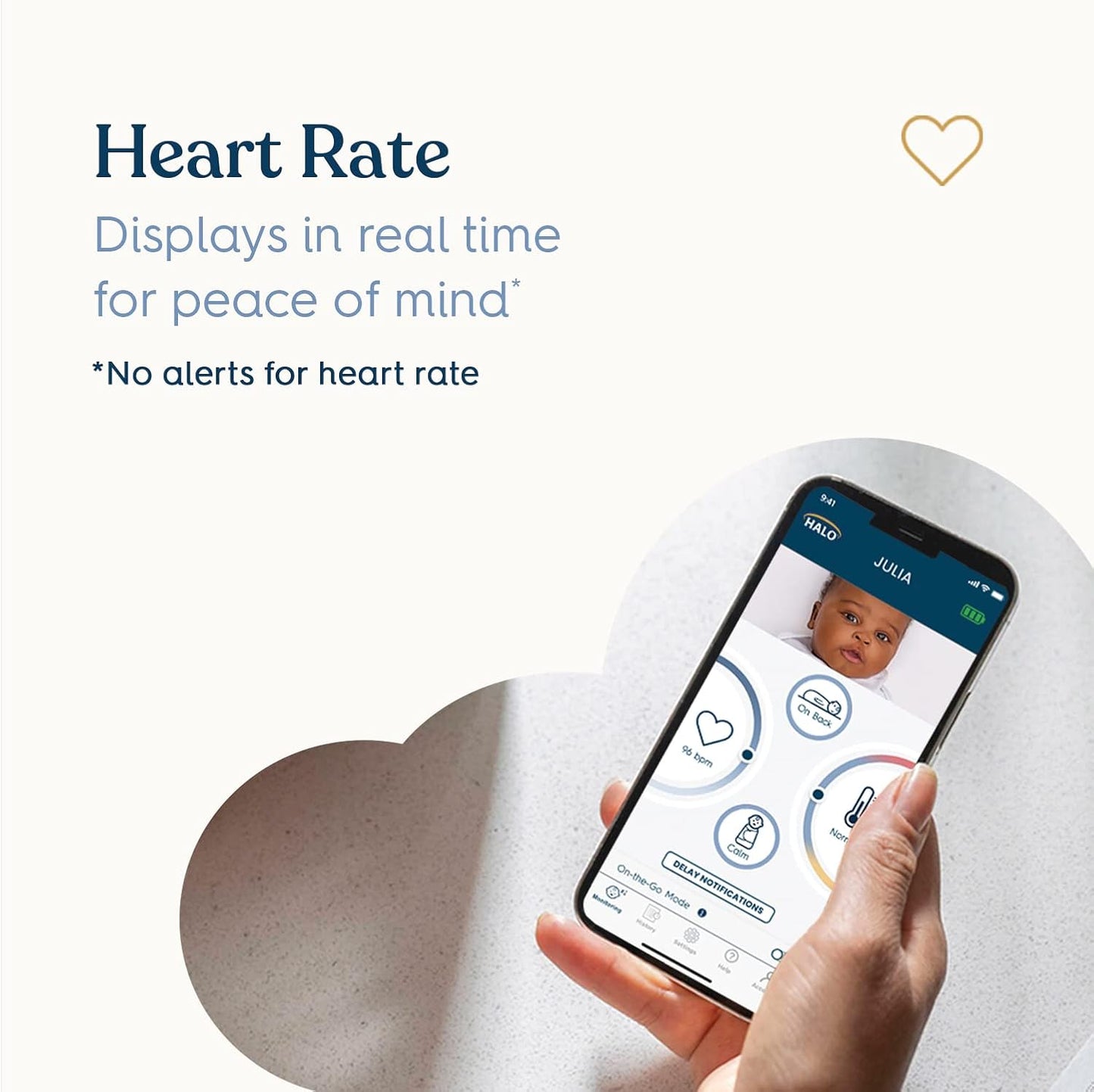 HALO SleepSure Smart Baby Monitor - Vista de frecuencia cardíaca en vivo, rollover, temperatura de la piel y notificaciones de movimiento con seguimiento sobre la marcha, datos históricos de sueño, configuraciones personalizables - Gris