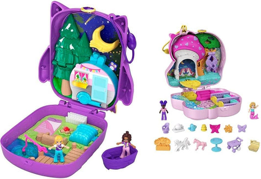 Polly Pocket World Owlnite Campsite compacto com revelações divertidas, bonecas Micro Polly e Shani e conjunto compacto com tema de festa de chá Unicorn Forest com buzina brilhante, 2 micro bonecas e 13 acessórios