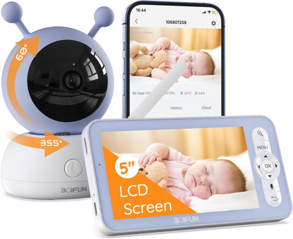 BOIFUN Câmera de vídeo 2K Wifi para monitor de bebê, aplicativo e controle de tela de 5 '', detecção de movimento e choro, PTZ, rastreamento automático, visão noturna, área de alarme, sensor de temperatura e umidade, conversa