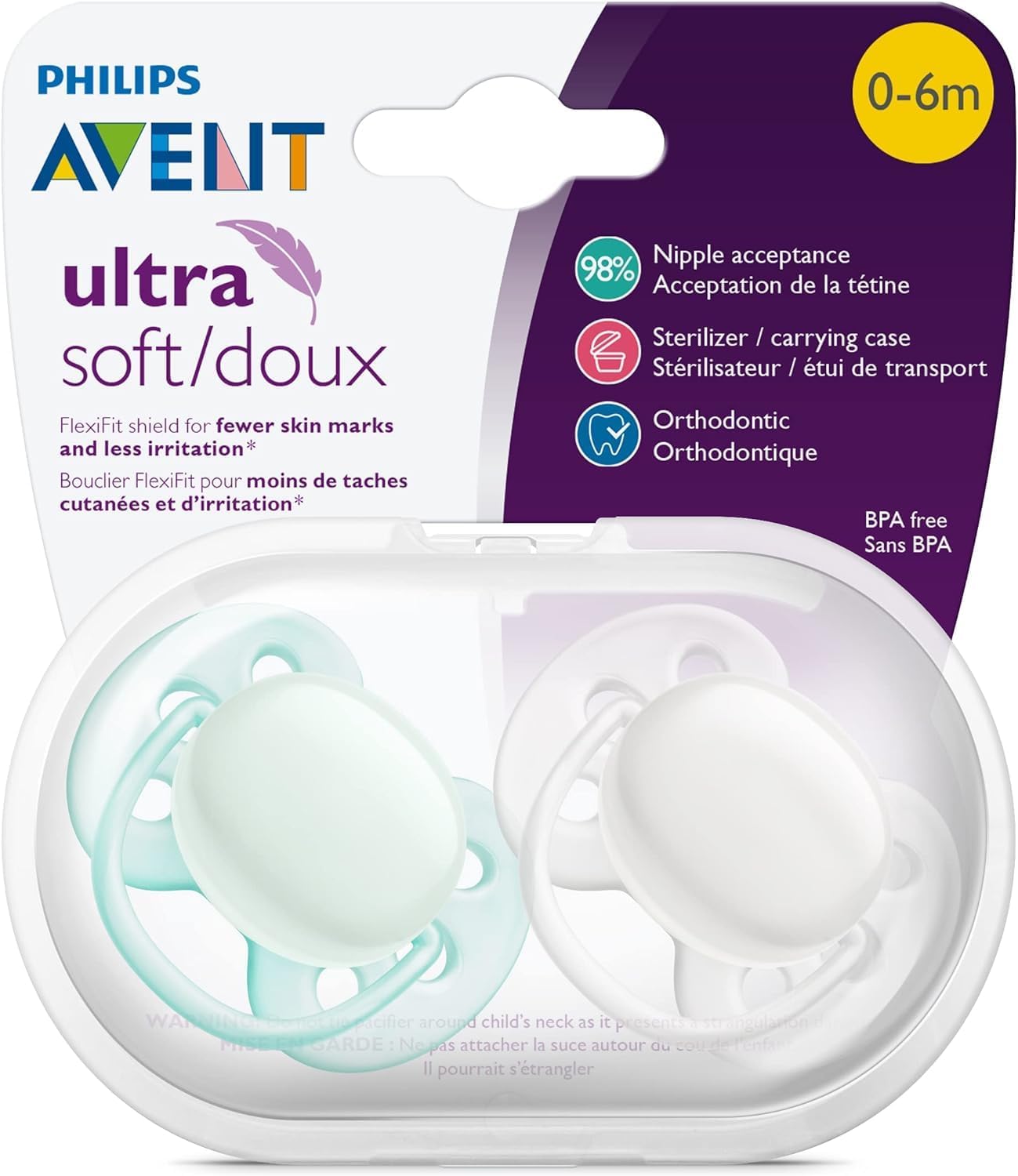 Philips Avent Chupeta ultramacia, 0-6 meses, branco ártico/verde, pacote com 2, SCF210/03