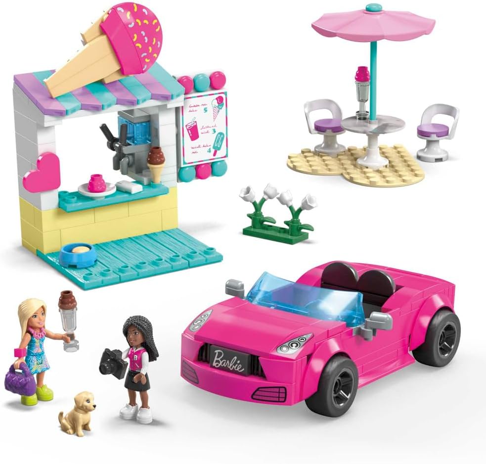 MEGA Barbie Car Building Toys Playset, Conversível e Suporte para Sorvete com 225 Peças, 2 Micro-Bonecas e Acessórios, Rosa, Ideias para Presentes para Crianças, HPN78