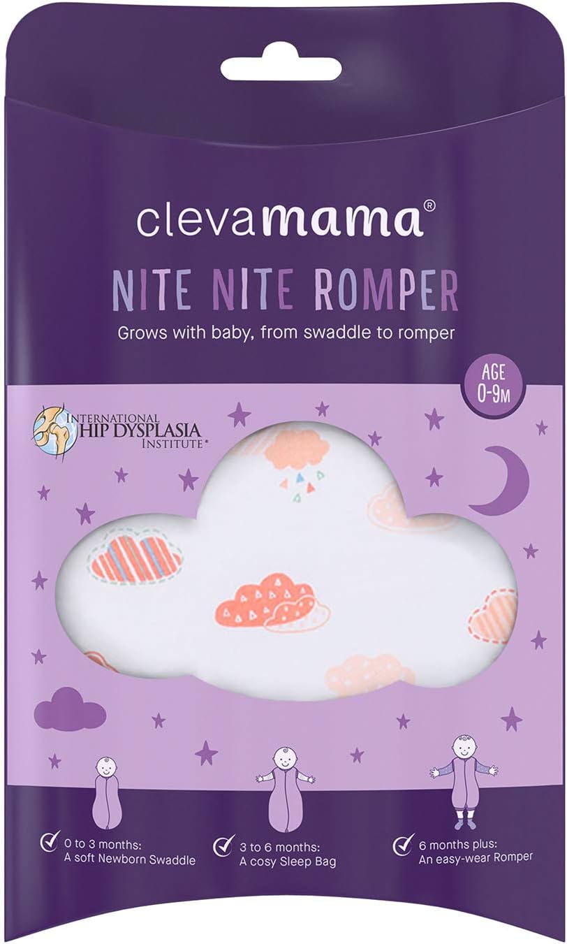 Clevamama Nite Nite Baby Romper (0-9 Meses) - Bolsa de Pañales para Recién Nacidos y Bebés, 100% Algodón - Coral