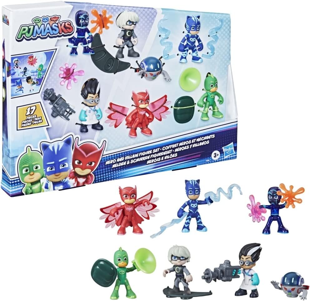 PJ Masks, Conjunto de bonecos de heróis e vilões brinquedo pré-escolar, 7 bonecos de ação com 10 acessórios, a partir de 3 anos, multicolorido