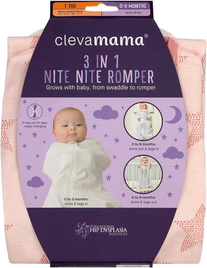 ClevaMama Baby Nite Pelele 3 en 1 para bebé - Bolsa Swaddale para recién nacidos y niños pequeños - 100% algodón, 1 pieza, 0-9 meses, rosa