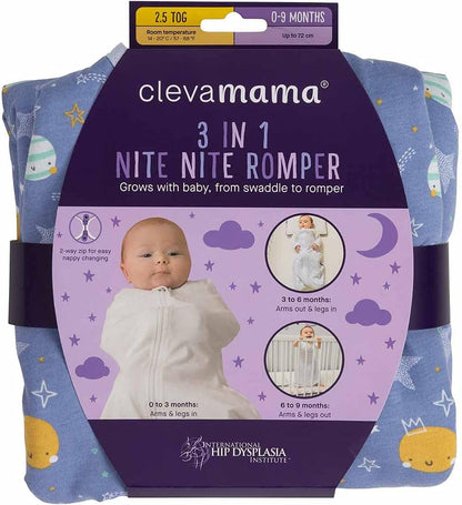 ClevaMama Macacão para bebê Nite Nite 3 em 1 – Bolsa Swaddale para recém-nascidos e bebês – 100% algodão, 2,5 tog, 0 a 9 meses, azul