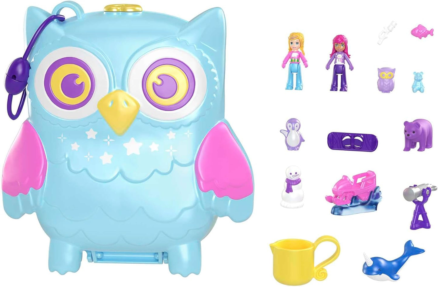 Polly Pocket Bonecas e conjunto de brinquedos, brinquedos de animais, festa do pijama, coruja da neve, conjunto de brinquedos compacto com brincadeira aquática e 2 peças que mudam de cor, HKV37