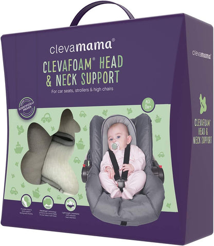 ClevaMama Cojín para Silla de Coche, Soporte para Cabeza y Cuello para Bebés y Niños en ClevaFoam, Forro para Cochecito y Mecedora (+0 meses) - Gris/Morado, 27x50 cm