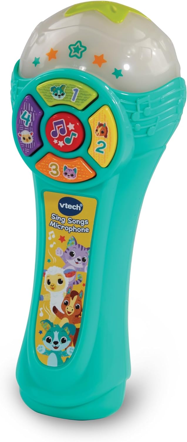 VTech Micrófono para Cantar Canciones de Bebé, Micrófono Interactivo de Juguete con 4 Botones de Animales, Sonidos y Números, Luces Intermitentes y Música, Juguete Musical para Bebés de 12, 18, 24 Meses+, Versión en Inglés