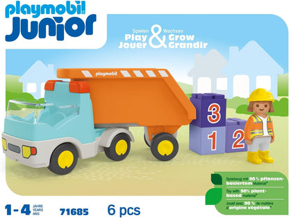 PLAYMOBIL 71685 JUNIOR: Caminhão basculante, incluindo trabalhador da construção civil e três pedras empilháveis, brinquedo sustentável feito de plástico à base de plantas, brinquedo para presentear