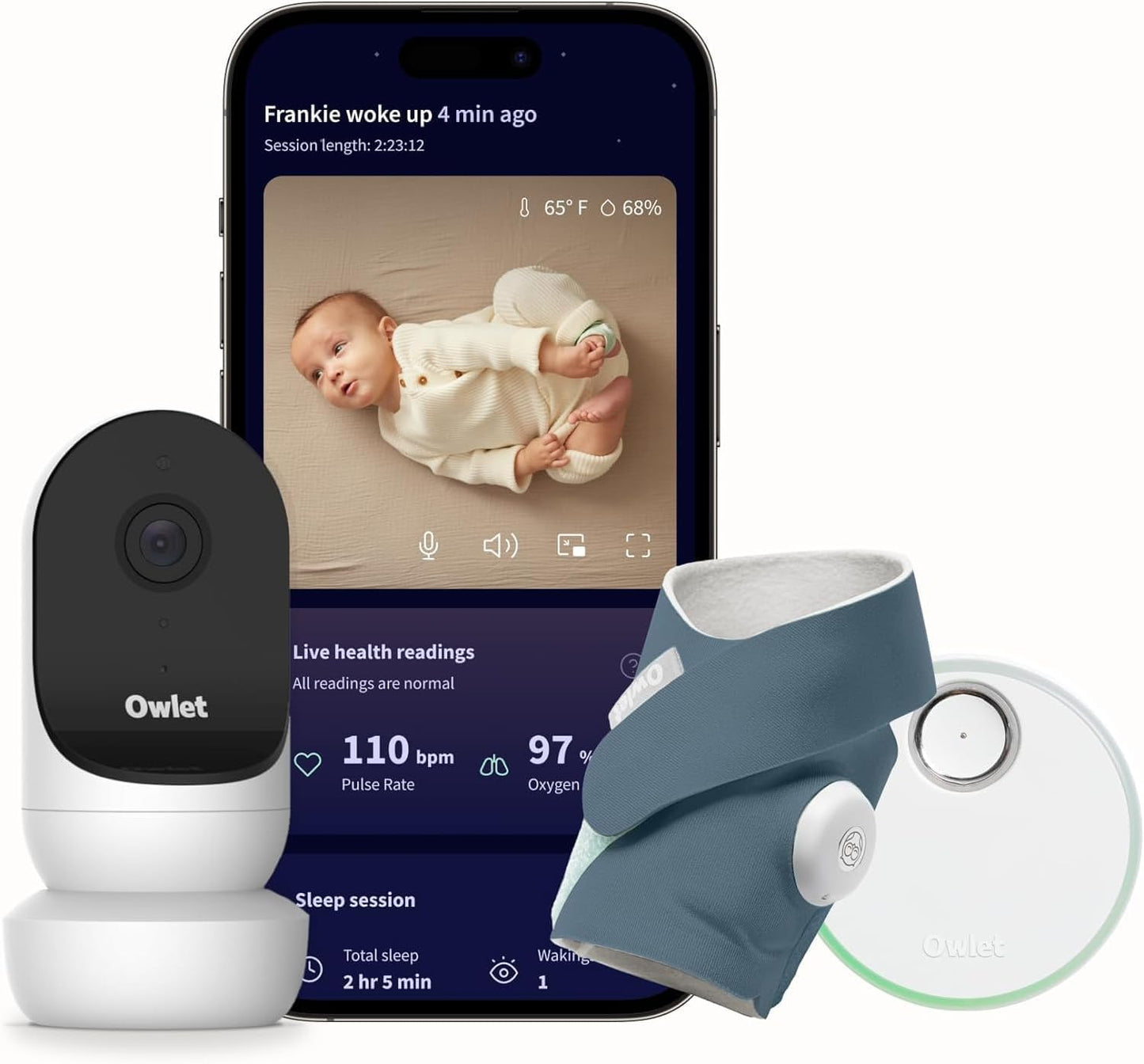 Owlet Monitor inteligente para bebês Dream Bundle 2: Dream Sock® e Owlet Cam 2 - rastreia e notifica a frequência cardíaca e o oxigênio enquanto visualiza o bebê em vídeo HD WiFi 1080p - Bedtime Blue