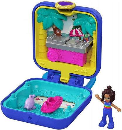 Polly Pocket™ Shani™ Tropical Beach Compact com carrinho móvel de sorvete, prancha de surf, boneco de golfinho, personalização de fotos, boneca Micro Shani™ e folha de adesivos; Para maiores de 4 anos, GKJ44