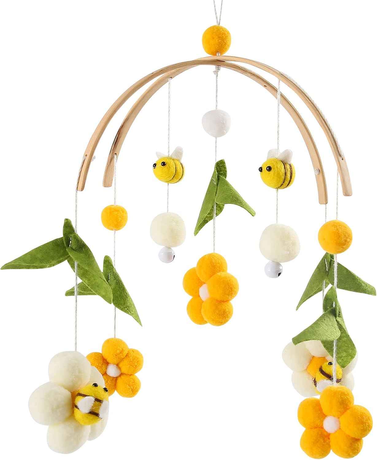 Let's Make Móvil de madera para bebé con bolas, flores + hojas verdes + carillón de viento de abeja, móvil para niños y niñas, regalo fresco para decoración del hogar (abeja)