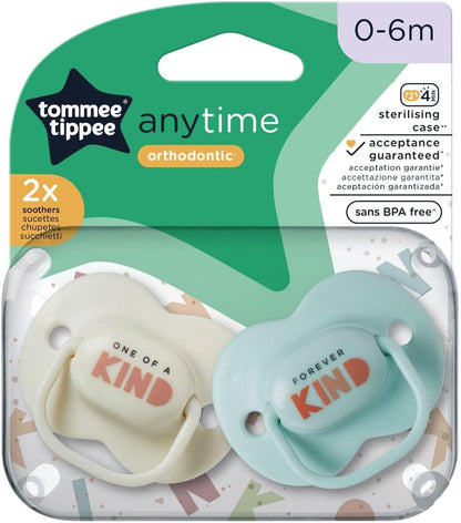 Tommee Tippee Anytime Dummies, design ortodôntico simétrico, silicone sem BPA, 0-6 m, pacote de 2, as cores podem variar