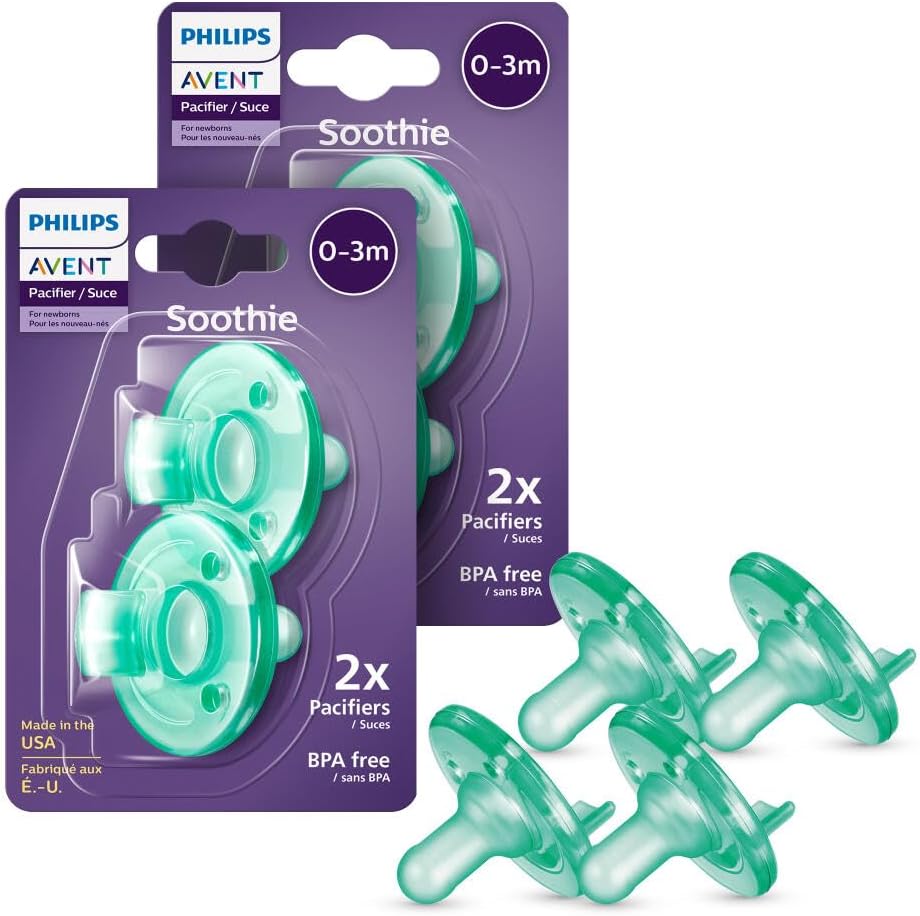 Avent Chupetas ortodônticas para bebês Philips Soothie de 0 a 3 meses, chupetas 100% silicone, peça única, sem BPA, verde, pacote com 4, modelo SCF190/41