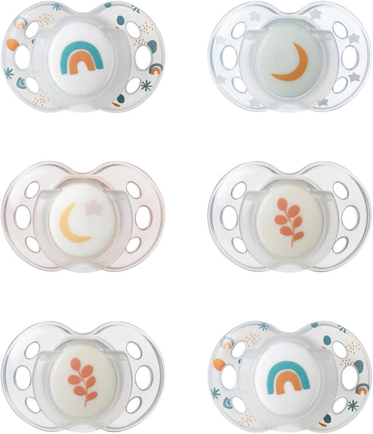 Tommee Tippee Nighttime Dummies, 18-36 meses, 6 pacotes de manequins que brilham no escuro com baglet de silicone simétrico